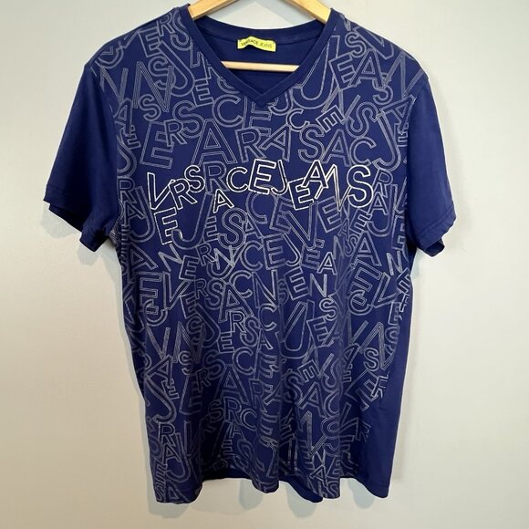 Versace Jeans Spellout T Shirt Mens Size L/XL V Neck Navy Blue Silver Foil - Picture 1 of 8